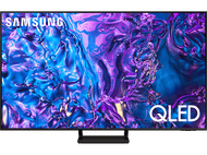 Téléviseur Samsung QLED avec un affichage coloré. Support noir.