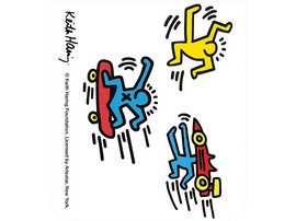 Art de Keith Haring : quatre figures faisant du skateboard et tombant, en couleurs primaires sur fond noir.