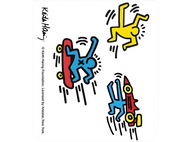 Art de Keith Haring : quatre figures faisant du skateboard et tombant, en couleurs primaires sur fond noir.