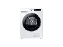 Charger l&#39;image dans la galerie, Un sèche-linge Samsung blanc avec une porte et un panneau de commande noirs. Il a une porte circulaire et un écran numérique.

