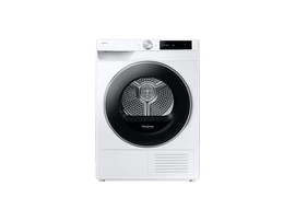 Un sèche-linge Samsung blanc avec une porte et un panneau de commande noirs. Il a une porte circulaire et un écran numérique.