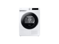 Un sèche-linge Samsung blanc avec une porte et un panneau de commande noirs. Il a une porte circulaire et un écran numérique.