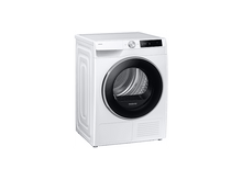 Charger l&#39;image dans la galerie, Un sèche-linge Samsung blanc sur fond blanc. Le sèche-linge a une porte noire et un écran numérique avec réglages.
