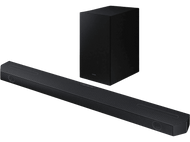 Une barre de son noire et un caisson de basses. La barre de son est longue, le caisson est une boîte.