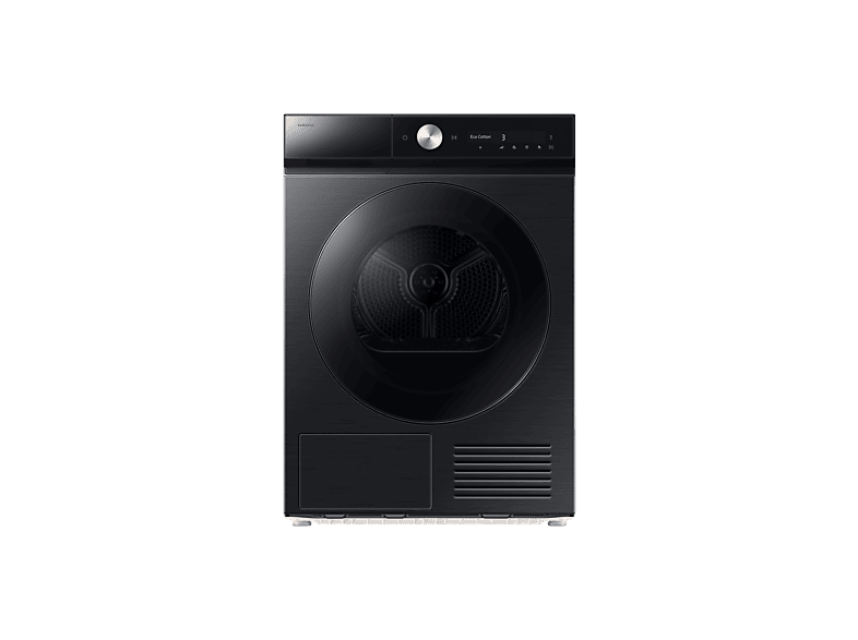 Sèche-linge Samsung noir. Comprend une porte ronde et un panneau de contrôle avec boutons et affichage. Finition métal. Sur fond noir.