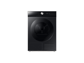 Sèche-linge Samsung noir. Comprend une porte ronde et un panneau de contrôle avec boutons et affichage. Finition métal. Sur fond noir.