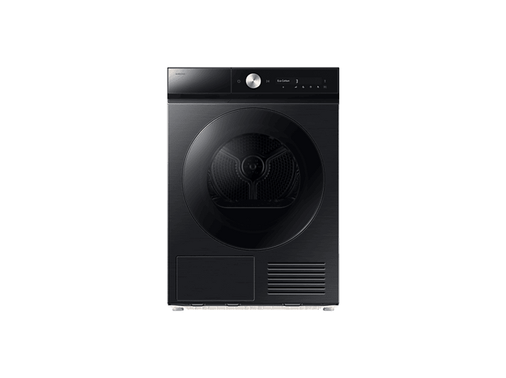 Sèche-linge Samsung noir. Comprend une porte ronde et un panneau de contrôle avec boutons et affichage. Finition métal. Sur fond noir.