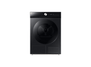 Sèche-linge Samsung noir. Comprend une porte ronde et un panneau de contrôle avec boutons et affichage. Finition métal. Sur fond noir.