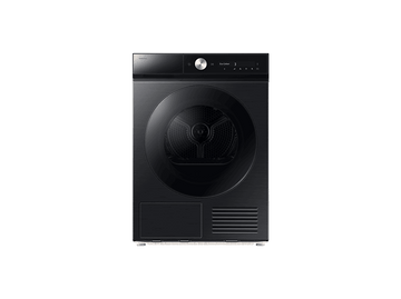 Sèche-linge Samsung noir. Comprend une porte ronde et un panneau de contrôle avec boutons et affichage. Finition métal. Sur fond noir.