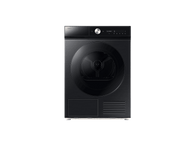 Sèche-linge Samsung noir. Comprend une porte ronde et un panneau de contrôle avec boutons et affichage. Finition métal. Sur fond noir.