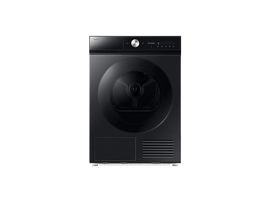 Sèche-linge Samsung noir. Comprend une porte ronde et un panneau de contrôle avec boutons et affichage. Finition métal. Sur fond noir.