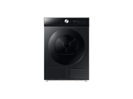 Sèche-linge Samsung noir. Comprend une porte ronde et un panneau de contrôle avec boutons et affichage. Finition métal. Sur fond noir.