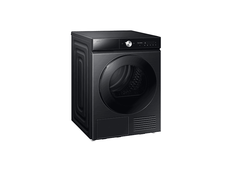 Un sèche-linge Samsung noir. Il a une grande porte ronde, un panneau de contrôle et une ventilation. Le sèche-linge est sur fond blanc.