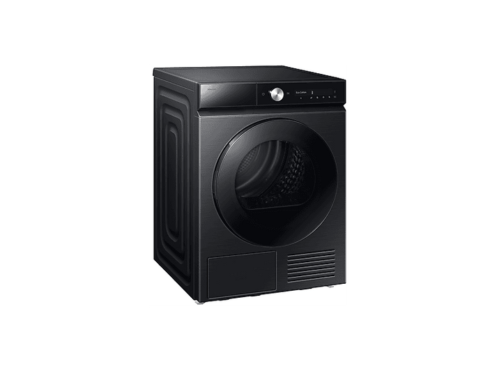 Un sèche-linge Samsung noir. Il a une grande porte ronde, un panneau de contrôle et une ventilation. Le sèche-linge est sur fond blanc.