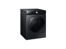 Charger l&#39;image dans la galerie, Un sèche-linge Samsung noir. Il a une grande porte ronde, un panneau de contrôle et une ventilation. Le sèche-linge est sur fond blanc.
