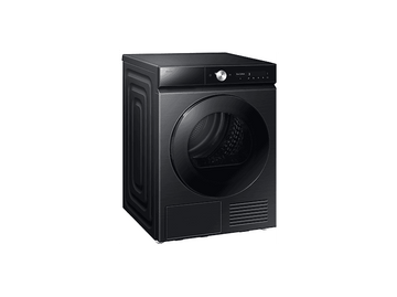 Un sèche-linge Samsung noir. Il a une grande porte ronde, un panneau de contrôle et une ventilation. Le sèche-linge est sur fond blanc.