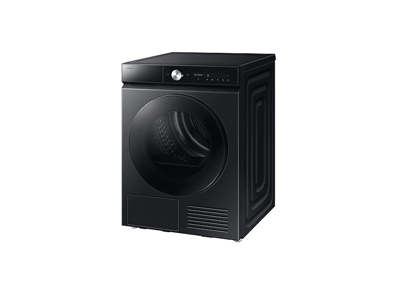 Un sèche-linge Samsung noir sur fond blanc. Il possède une porte circulaire, un panneau de commande et un compartiment inférieur rectangulaire.
