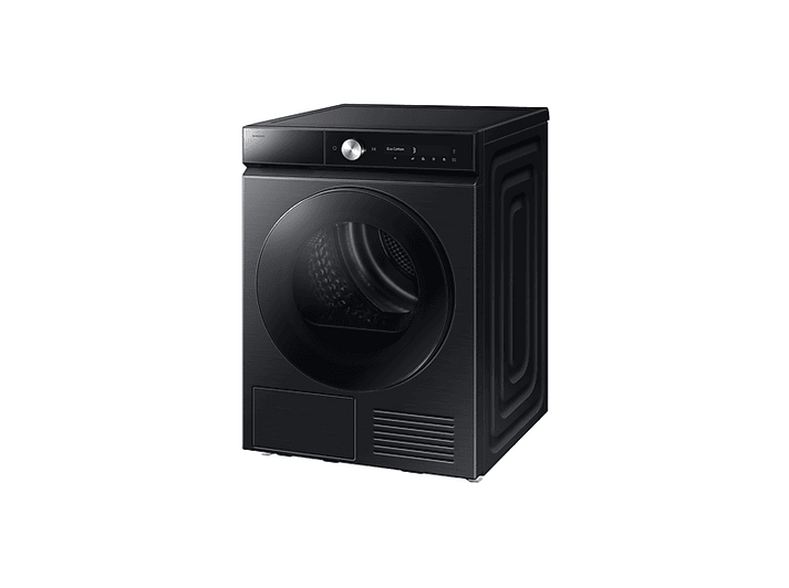 Un sèche-linge Samsung noir sur fond blanc. Il possède une porte circulaire, un panneau de commande et un compartiment inférieur rectangulaire.