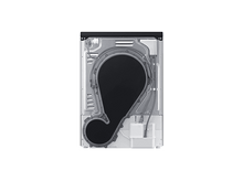 Charger l&#39;image dans la galerie, Arrière d&#39;un sèche-linge. Il a une zone de filtre noire et des tuyaux et pièces gris. Récipient d&#39;eau blanc en bas.
