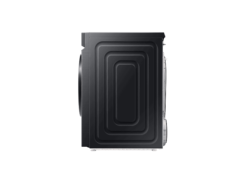 Vue latérale d'une machine à laver noire. Elle est rectangulaire avec un panneau arrière texturé et une porte circulaire. Elle est sur une surface blanche.