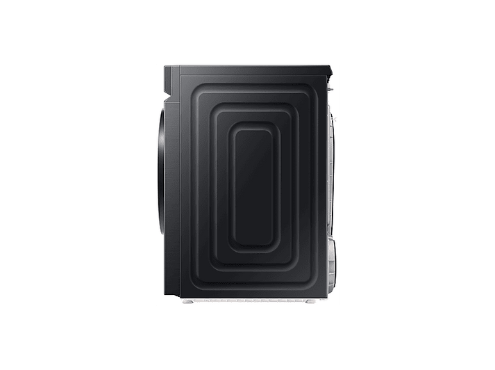 Vue latérale d'une machine à laver noire. Elle est rectangulaire avec un panneau arrière texturé et une porte circulaire. Elle est sur une surface blanche.