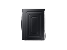 Charger l&#39;image dans la galerie, Vue latérale d&#39;une machine à laver noire. Elle est rectangulaire avec un panneau arrière texturé et une porte circulaire. Elle est sur une surface blanche.
