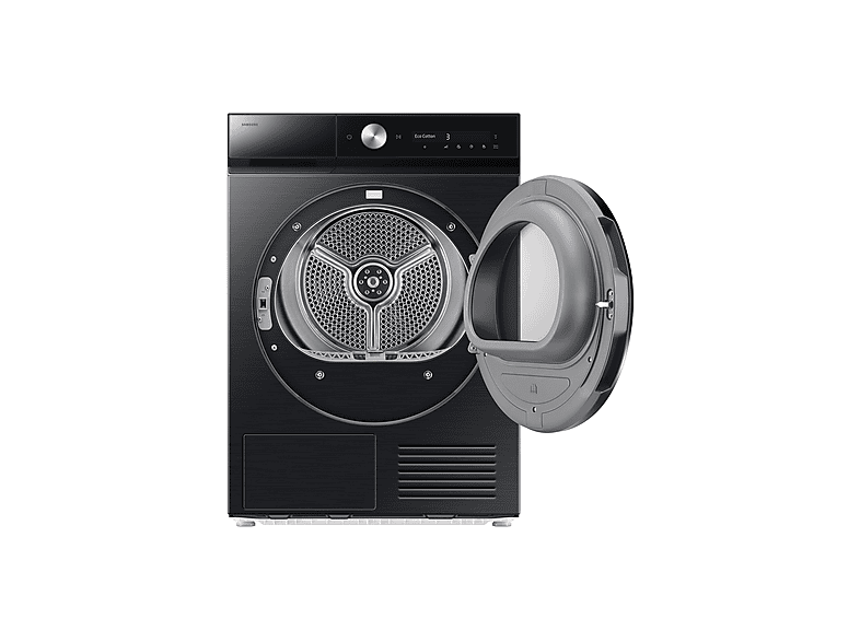 Un sèche-linge Samsung noir avec la porte ouverte. Le tambour est visible. Le panneau de contrôle affiche des réglages. Le sèche-linge est sur fond blanc.