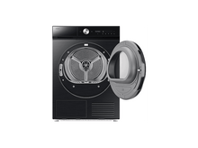 Charger l&#39;image dans la galerie, Un sèche-linge Samsung noir avec la porte ouverte. Le tambour est visible. Le panneau de contrôle affiche des réglages. Le sèche-linge est sur fond blanc.
