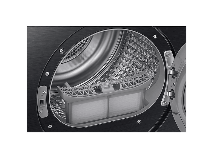 Porte de sèche-linge ouverte. À l'intérieur, un filtre est visible. Le tambour est métallique, le cadre noir avec vis.
