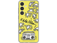 Coque de téléphone jaune avec art de Keith Haring. Figures et un boombox sont visibles.