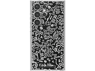 Coque de téléphone noire avec œuvre de Keith Haring, figures abstraites en noir et blanc.