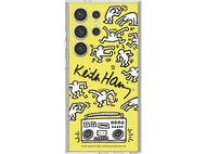 Coque de téléphone jaune avec design Keith Haring, figures blanches et un boombox.