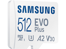 Charger l&#39;image dans la galerie, Carte Micro SDXC Samsung 512 EVO Plus blanche avec texte bleu sur fond blanc.
