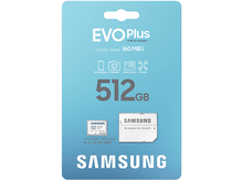 Charger l&#39;image dans la galerie, Paquet d&#39;une carte microSD EVO Plus 512 Go avec un adaptateur SD Samsung, avec des icônes de smartphone et d&#39;appareil photo.
