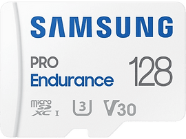 Une carte microSD blanche Samsung Pro Endurance 128. Elle affiche le logo microSD, les chiffres 128, U3 et V30.