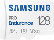 Une carte microSD blanche Samsung Pro Endurance 128. Elle affiche le logo microSD, les chiffres 128, U3 et V30.