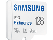 Charger l&#39;image dans la galerie, Carte MicroSD blanche Samsung Pro Endurance 128 Go. Elle porte le chiffre &#39;128&#39;. L&#39;emballage est blanc.
