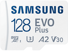 Carte microSD Samsung 128 EVO Plus avec texte sur fond blanc.