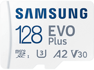 Carte microSD Samsung 128 EVO Plus avec texte sur fond blanc.