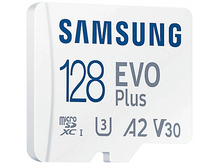 Charger l&#39;image dans la galerie, Une carte micro SD blanche. Texte : &quot;SAMSUNG 128 EVO Plus&quot;. D&#39;autres marquages sont visibles. Sur fond blanc.
