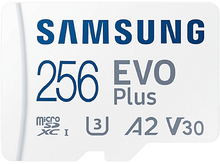Charger l&#39;image dans la galerie, Une carte microSD blanche. La carte contient le texte : SAMSUNG, 256 EVO Plus et d&#39;autres étiquettes.
