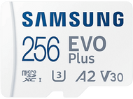 Une carte microSD blanche. La carte contient le texte : SAMSUNG, 256 EVO Plus et d'autres étiquettes.