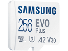 Charger l&#39;image dans la galerie, Une carte micro SD blanche Samsung 256 EVO Plus, avec texte et marquages.
