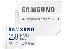 Charger l&#39;image dans la galerie, Une carte SD et un adaptateur Samsung blancs. La carte affiche &#39;256 EVO Plus&#39;.
