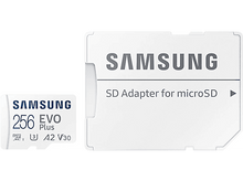 Charger l&#39;image dans la galerie, Carte microSD Samsung 256 EVO Plus et adaptateur SD. Blanc avec lettrage noir.
