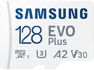 Carte Samsung 128 EVO Plus MicroSDXC blanche avec texte et logo, sur fond blanc.