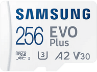 Carte microSD blanche Samsung 256 EVO Plus avec logo et autres infos.