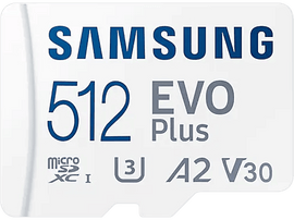 Carte MicroSD blanche Samsung 512 EVO Plus. Détails : 512, EVO Plus, MicroSD, A2 V30, logo.