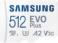 Carte MicroSD blanche Samsung 512 EVO Plus. Détails : 512, EVO Plus, MicroSD, A2 V30, logo.