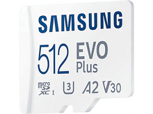 Charger l&#39;image dans la galerie, Une carte microSD Samsung blanche avec du texte bleu : « 512 EVO Plus », « Micro SDXC I » et autres spécifications.
